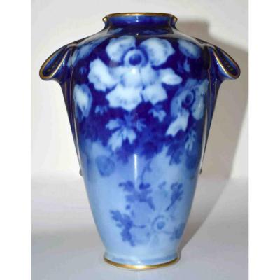 Poujol, Limoges Porcelain Vase, Roses In Blue Shades