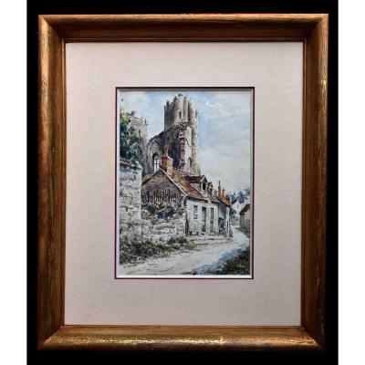 E. Boursin 1942, Watercolor Ruin Of The Bourbon Castle In Bourbon l'Archambault In The Allier.