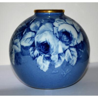 Limoges Porcelain Ball Vase, Shades Of Blue, Roses Decor, Hand Painted.