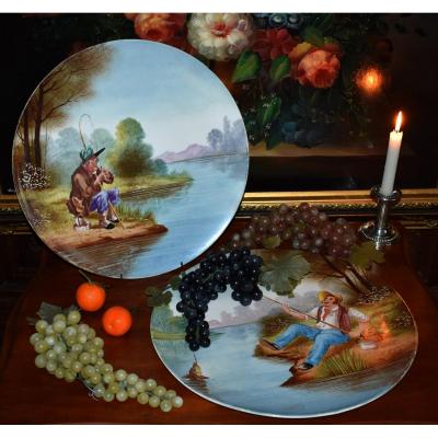 Pouyat (1890-1912) Large Pair Of Plates, Limoges Porcelain, Hand Painted Decor, Peach.