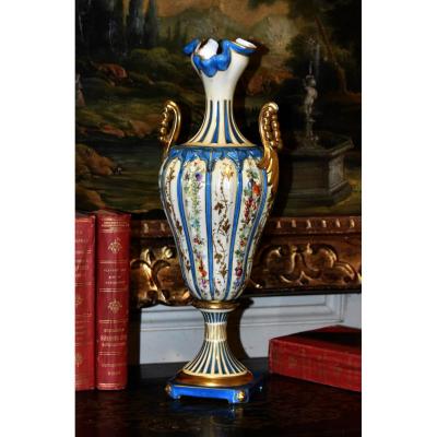 Baluster Vase On Foot - Shower In The Taste Of Sèvres, Hand Painted.