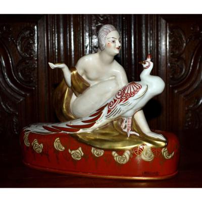 Pierre Traverse For Aladdin Luxe, Art Deco Porcelain Inkwell, Woman With Peacock.