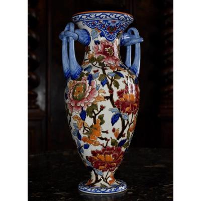 Large Gien Earthenware Vase, Floral Decor With Peonies Period 1938.
