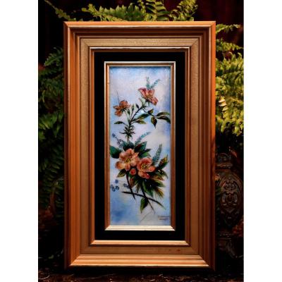 Limoges Enamel Plate Signed Carmona, Limoges Enamel, Bouquet Of Flowers.