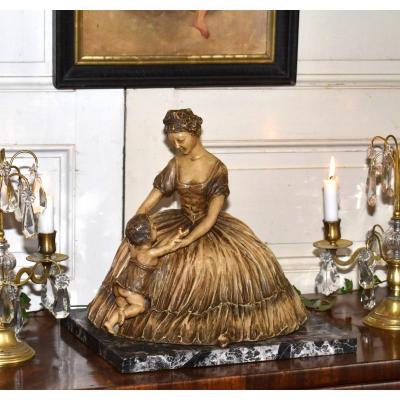 Terracotta Group, Woman And Child Statue, Maternity, By Berly.