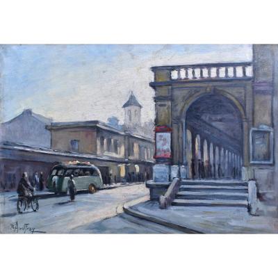 Paul Audfray (1893-1957) Animated Street Scene With Peugeot D3 Van