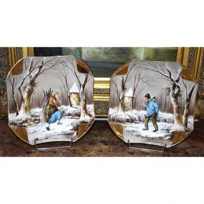 Porcelain Painting, Pair Of Decorative Dishes, Animated Snow Landscape In The Countryside.