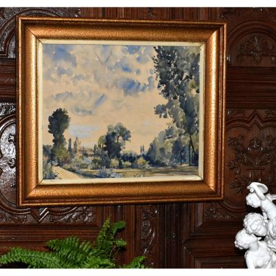 René Emile Durand - Roy (1894-1970) Watercolor From Saint-fort-sur-gironde, Saint Fortunat Church