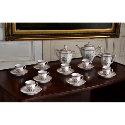A. Chastagner. Porcelain From Limoges. Floral Decor Coffee Service. Bouquet Of Flowers And Nets