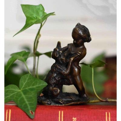 Figurine En Bronze, Statuette, Bronze Sculpture, Cherub And Canidae.