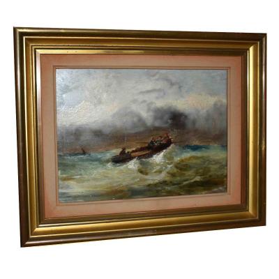 Marine, French School Of The Nineteenth, Boat In The Storm, Raging Sea.