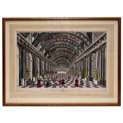 18th Century Optical View. Watercolor Engraving By