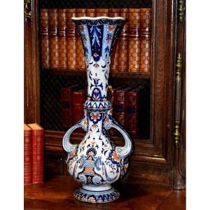 Large Earthenware Vase From Quimper, La Hubaudière, Late Nineteenth - Early Twentieth, Rouen Decor.