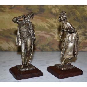 Pair Of Statuettes, Military Subject And Young Girl, Hussar Of The First Empire,