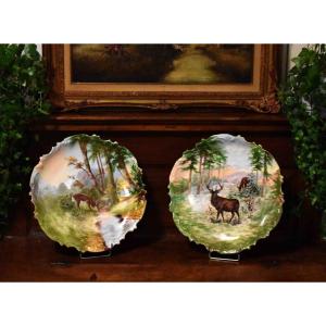 Headdress The Young (1887) Pair Of Large Decorative Plates Entirely Hand Painted, Deer Decor