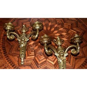 Pair Of Bronze Sconces, Two Arms Of Light With Angelot Decor, Louis XVI Style.