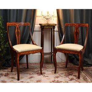 Pair Of Chairs With Gondola Backrest And Marquetry Decor, Light Wood Scrolls.