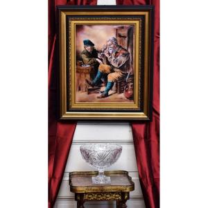 Very Important Enamel Signed Sillonnet On Curved Plate, Limoges Enamels Decor Characters In