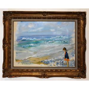 Jean Le Guennec (1924-1988) Gouache Seaside Landscape Little Girl On The Pebbles.
