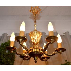 Chandelier In Bronze And Brass Louis XV Style - Rocaille With Six Arms Of Light, Mid-20th Century.