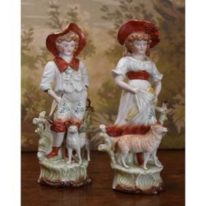 Pair Of Shepherd And Shepherdess Figurines, German Porcelain Statuettes, Early Twentieth