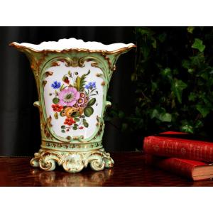 Limoges Porcelain Vase, Floral Decor, Two Bouquets Of Flowers, On A Celadon Background