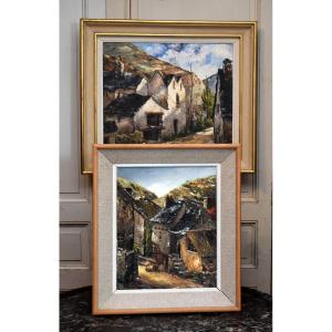 Pair Of Paintings Signed Régis, View Of Village, Montméjean In Aveyron And Saint Geniès