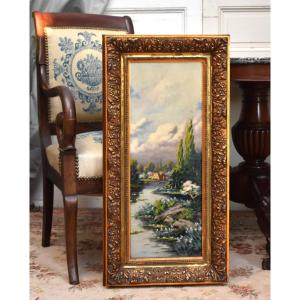 Louis Lartigau (19th-20th Century). Spring Landscape, Oil On Canvas Small River And Village