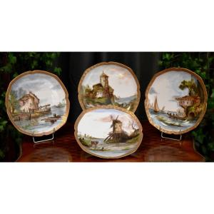 Suite Of Four Decorative Plates, Seascape, Limoges Porcelain Decorative Dish.