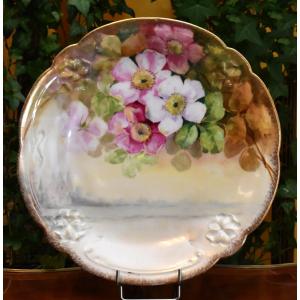 Large Limoges Porcelain Dish, Bernardaud, Landscape And Flower Decor, Hand Painted.