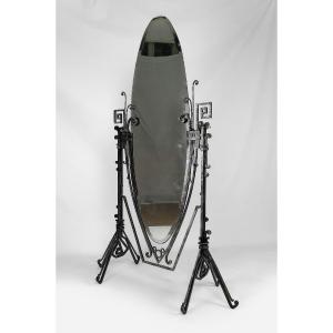 Important Art Deco Psyche Mirror In Wrought Iron, France, Circa 1920