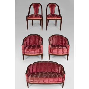 Art Deco Living Room In Pink Velvet By Paul Follot, Circa 1920