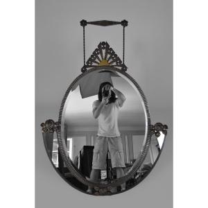 Large Oval Art Deco Wrought Iron Mirror, Circa 1925