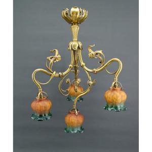 Art Nouveau Chandelier In Gilt Bronze, France, Circa 1890