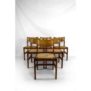 Set Of 6 Brutalist Elm Chairs With Straw Seats, Maison Regain, Circa 1960
