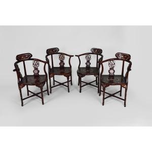 4 Asian Armchairs In Carved Wood And Inlaid With Mother-of-pearl, Early 20th Century