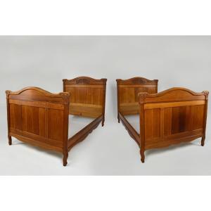 Art Nouveau Twin Beds In Carved Solid Oak, France, Circa 1910