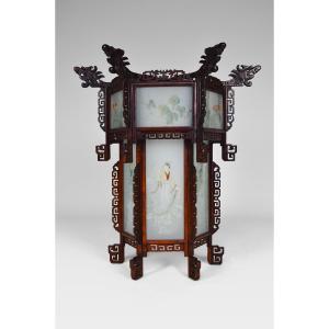 Large Asian Lantern In Wood Carved With Dragons And Painted Glass Panels, Circa 1900