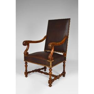 Louis XIII Armchair In Carved Leather And Walnut, Circa 1860