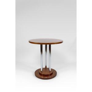 Art Deco Modernist Pedestal Table In Walnut And Chrome, France, Circa 1930