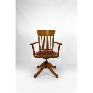 American Swivel Office Armchair In Oak, With Leather Seat, Usa, Circa 1900