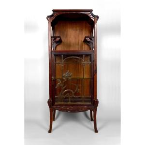 Art Nouveau Display Case, Bronzes And Carved Wood On A Lake Theme, France, Circa 1900