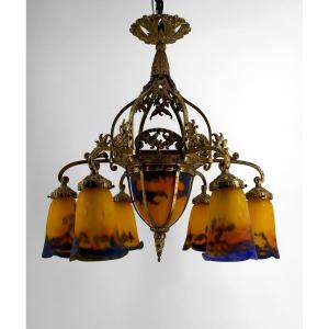 Important Chandelier In Gilt Bronze And Blown Glass Paste, Muller Frères Lunéville, France