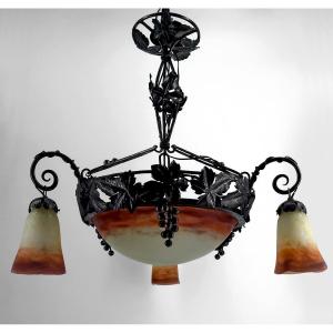 Art Deco Chandelier In Wrought Iron And Blown Glass By Muller Frères Lunéville, France