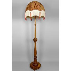 Important Art Deco Floor Lamp In Carved Oak, France, Circa 1920
