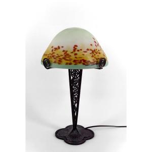 Wrought Iron Mushroom Lamp With Blown Glass Paste Lampshade, Art Deco, France