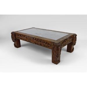Carved Oak Coffee Table With Faun Heads And Grey Marble Top, France, Circa 1940 