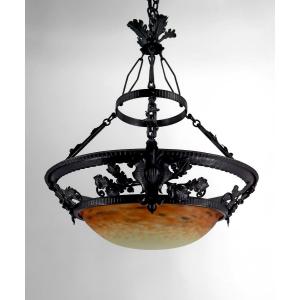 Chandelier/suspension In Wrought Iron And Blown Glass Paste, Attributed To Muller Frères Lunéville