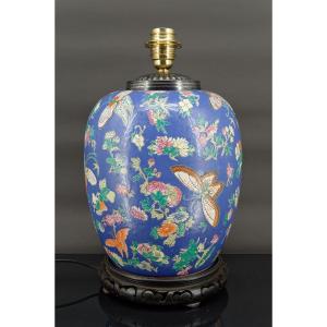 Important Chinese Blue Ceramic Butterfly Lamp, Qing Thongzhi, China, Circa 1865
