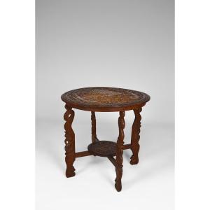 Coffee Table / Pedestal Table, Wood Carved With Dragons And Peacocks, Indonesia, Early 20th Century